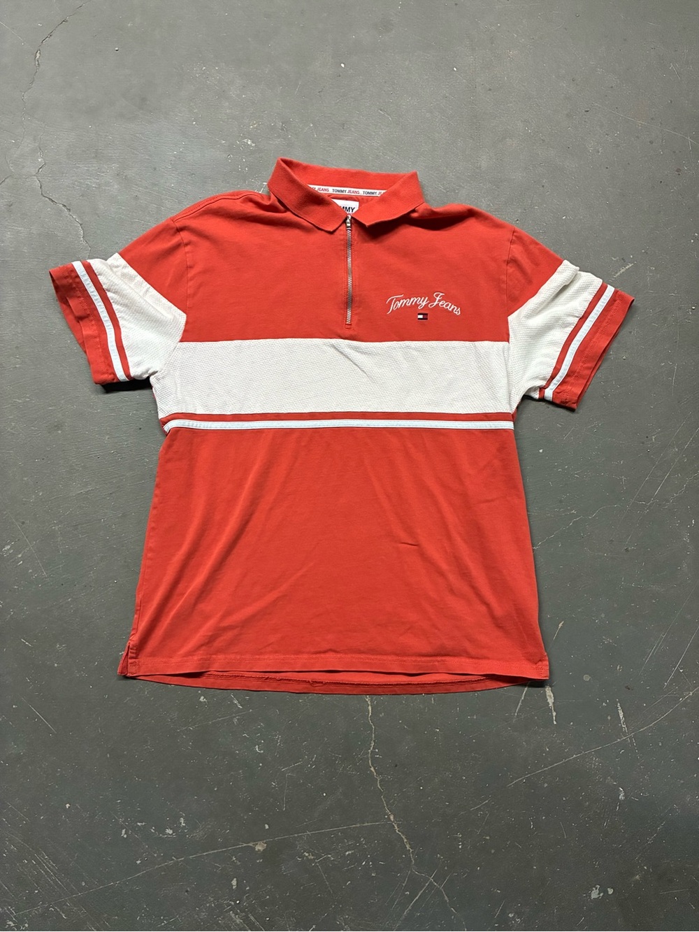 Tommy Jeans Men's Medium Coral Orange/White Colorblock Zip Polo Shirt